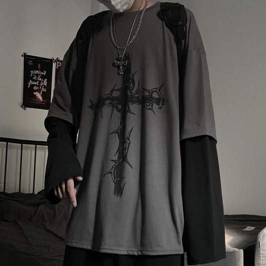 QWEEK Gothic Goth Style Tshirt 2021 Mall Goth Tops Punk Long Sleeve Oversized T-shirt Fake Two-piece Street Fashion Korean Style