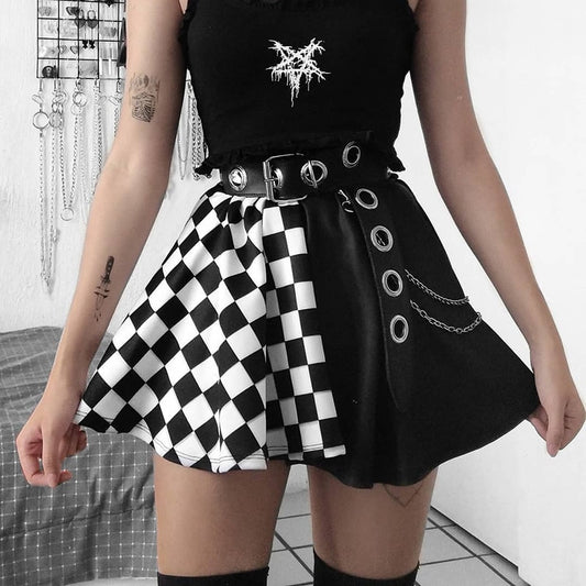 Goth Dark Plaid Pleated Skirt Black on White Contrast Patchwork Skirts High Waist Harajuku E-Girl Partywear