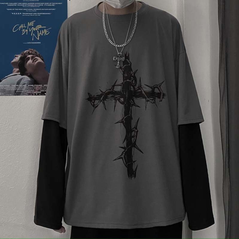 QWEEK Gothic Goth Style Tshirt 2021 Mall Goth Tops Punk Long Sleeve Oversized T-shirt Fake Two-piece Street Fashion Korean Style