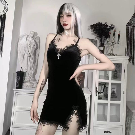 2022 Gothic Dark Cross Black Velvet Mini Dress Women Vintage Sexy Spaghetti Strap High Waist Slit Dresses Goth Party Club Dress # 140