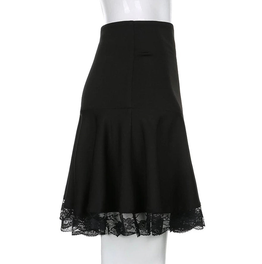 Black Goth Aesthetic Pleated Skirts Women Lace Trim Low Waist Girl Mini Skirt Punk Dark Academia New Dance Streetwear gothic emo goth dark # 208
