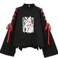Gothic goth emo anime egirl e-girl black lace up red Anime Fox Printed Cross Ribbon Lolita Girls' T Shirt Harajuku Spring Black Top Skirt