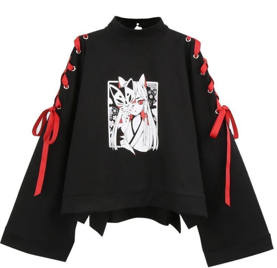 Gothic goth emo anime egirl e-girl black lace up red Anime Fox Printed Cross Ribbon Lolita Girls' T Shirt Harajuku Spring Black Top Skirt