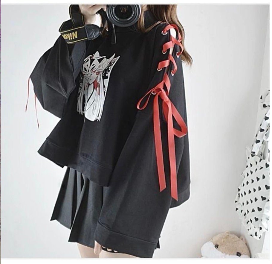 Gothic goth emo anime egirl e-girl black lace up red Anime Fox Printed Cross Ribbon Lolita Girls' T Shirt Harajuku Spring Black Top Skirt
