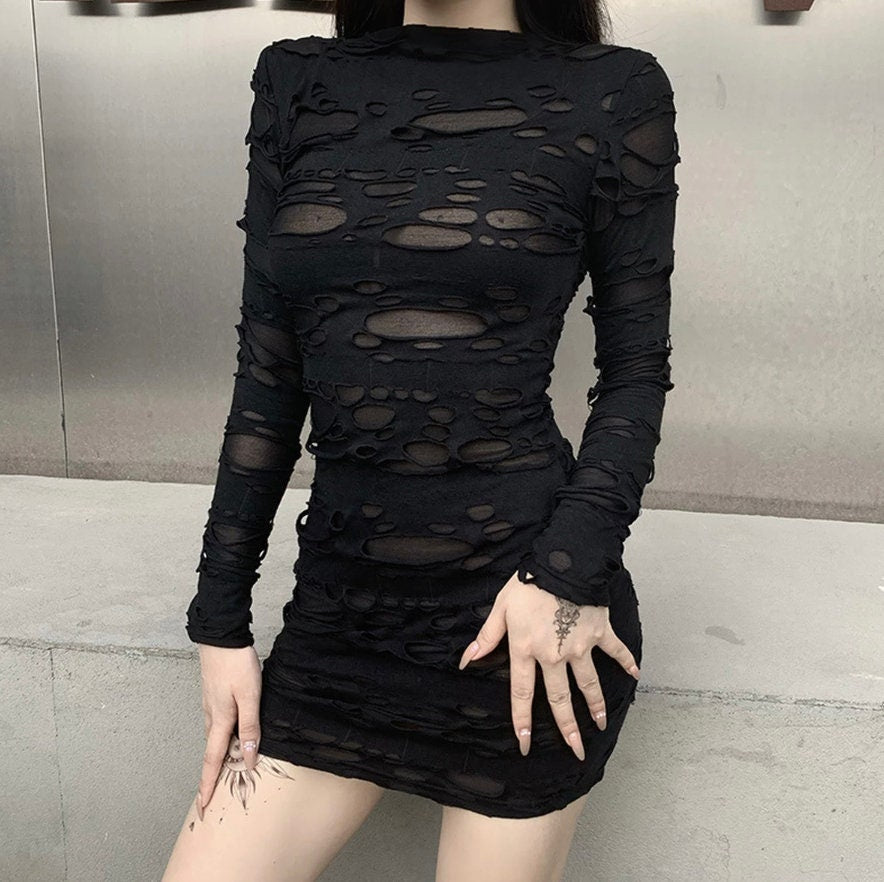 Helisopus New Gothic Black Mini Dress Streetwear Rock Punk Hollow Retro High Waist Long Sleeve Bodycon Party Dresses # 120