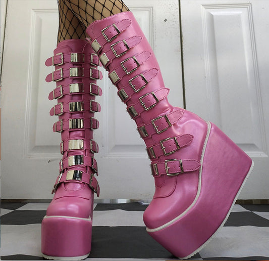 Pink platform boots mall Goth Street Cool Wedges Shoes Winter gothic Pink Chunky Platform Motorcycles Boots Women rave festival shoes punk # 19