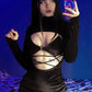 Goth Dark rave gothic Y2k Punk Black Velvet Dresses And Camsi 2pc Set Casual Gothic Sexy Cut Out Long Sleeve Dress Tie Up Cropped Co-ord Set # 68