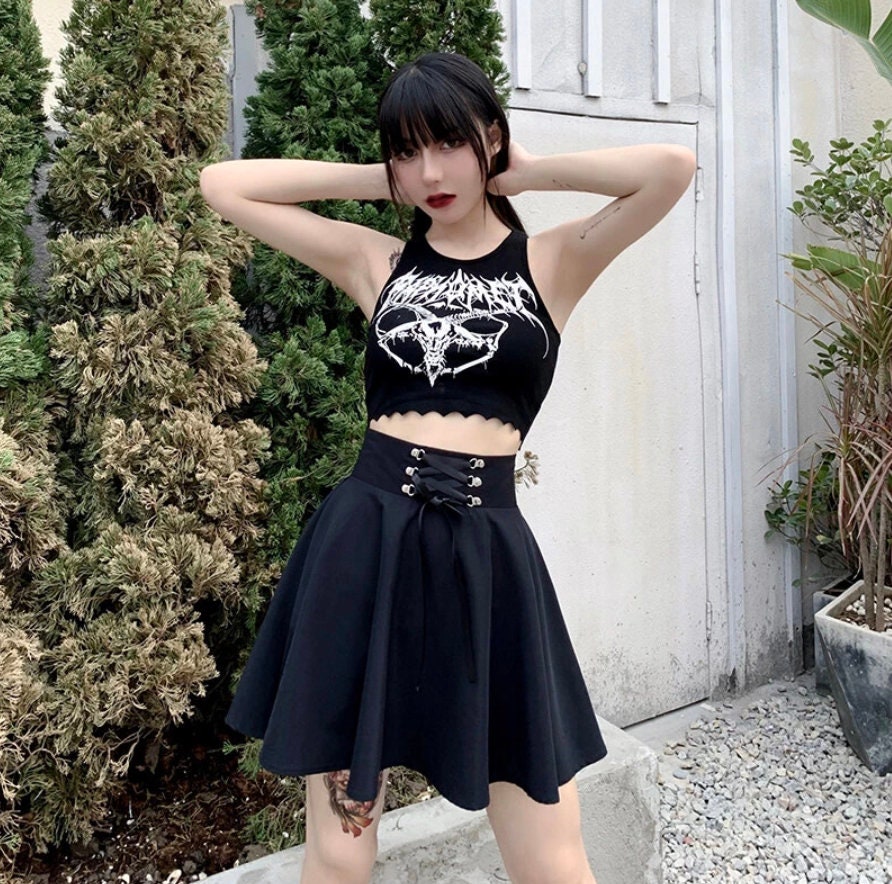 Sexy goth bimbo emo Women's lace up hot Flared black Mini Skater Skirt High Waisted School Skirt Goth Skirt Punk Skirt Black Skirt Harajuku # 216