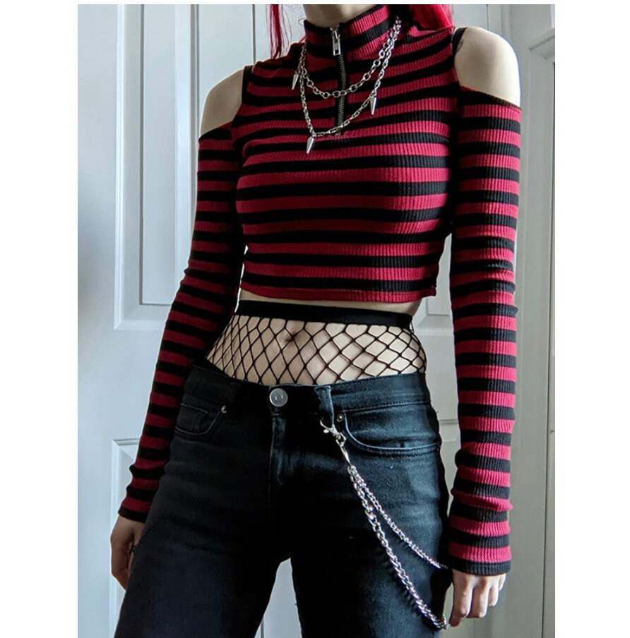Bimbo emo Goth Dark Grunge Striped Mall Gothic Basic T-shirts Punk E-girl Aesthetic Bodycon Casual Crop Tops Long Sleeve Open Shoulder Tee # 235