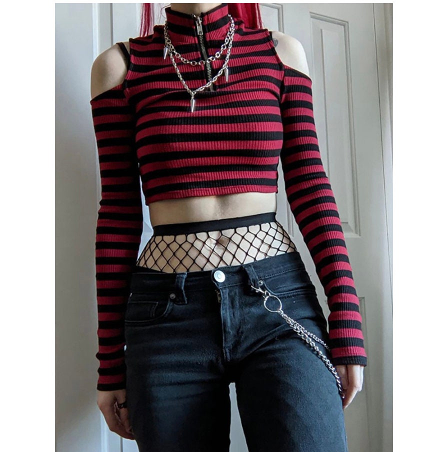 Bimbo emo Goth Dark Grunge Striped Mall Gothic Basic T-shirts Punk E-girl Aesthetic Bodycon Casual Crop Tops Long Sleeve Open Shoulder Tee # 235