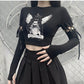 Bimbo Gothic emo cute Chic Goth Punk Patchwork Tie Hole Long Sleeves Cropped Top T-Shirt TShirt Tee Skinny Halloween Costume Harajuku # 236