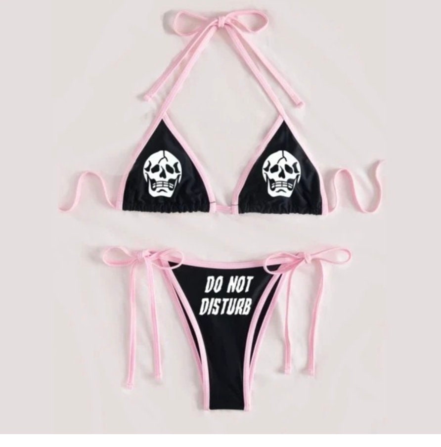 Goth bimbo sexy string emo soft pink death hot skull do not disturb Women Bikini Suits Deep V-neck Pad Tops with Triangle Bottoms Swimsuits # 5