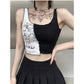Goth gothic emo Dark Punk Style Patchwork Tank Tops Aesthetic Letter And Graphic Print Women Crop Top Color Blocking Sleeveless Streetwear # 239