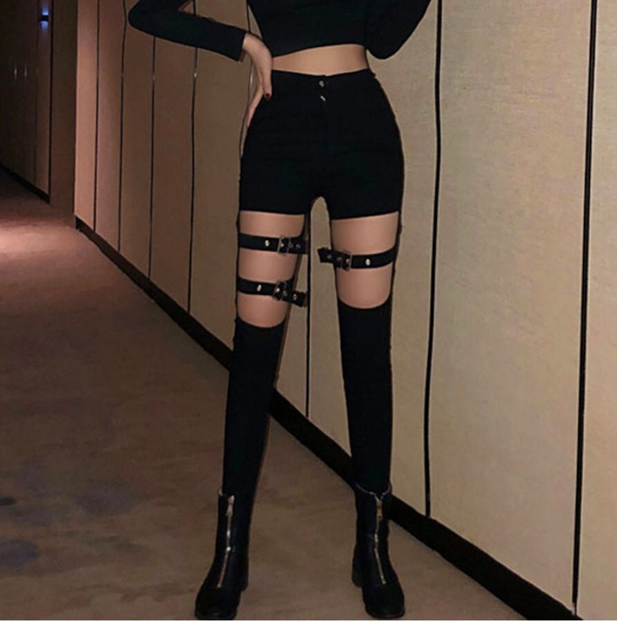 Gothic goth emo Spring Women Gothic Punk Pants Female Sexy Elastic Stretch Buckle Hollow Out Skinny Pencil Pant stretch Women Tight Trouser # 185