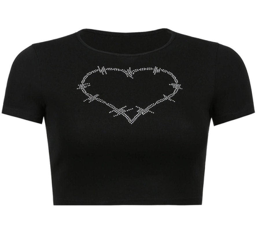 Gothic emo baby tee Punk Vintage Rhinestone Spider Goth Graphic Women Y2k Style Crop Top O-neck Tshirt Black Streetwear Short Sleeve T-shirt # 241