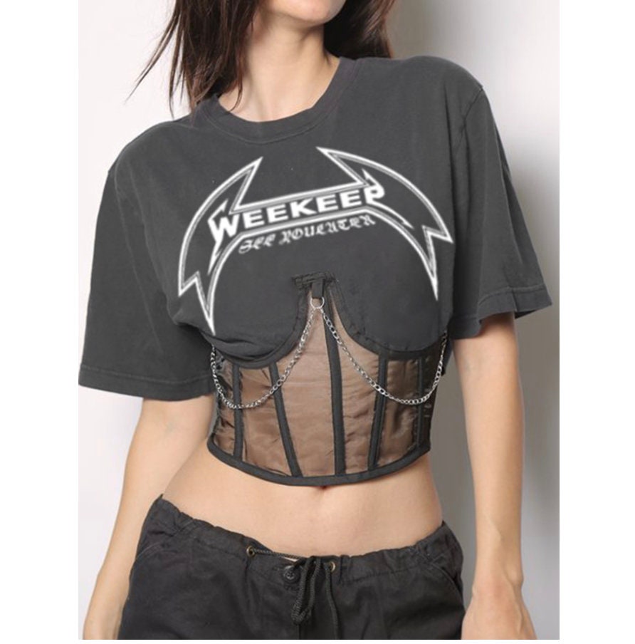 Gothic grey black white sexy emo Slim Patchwork Corset Cropped Chains Bandage O-Neck Short Sleeve Tees Women Summer Streetwear Fashion Lady # 161