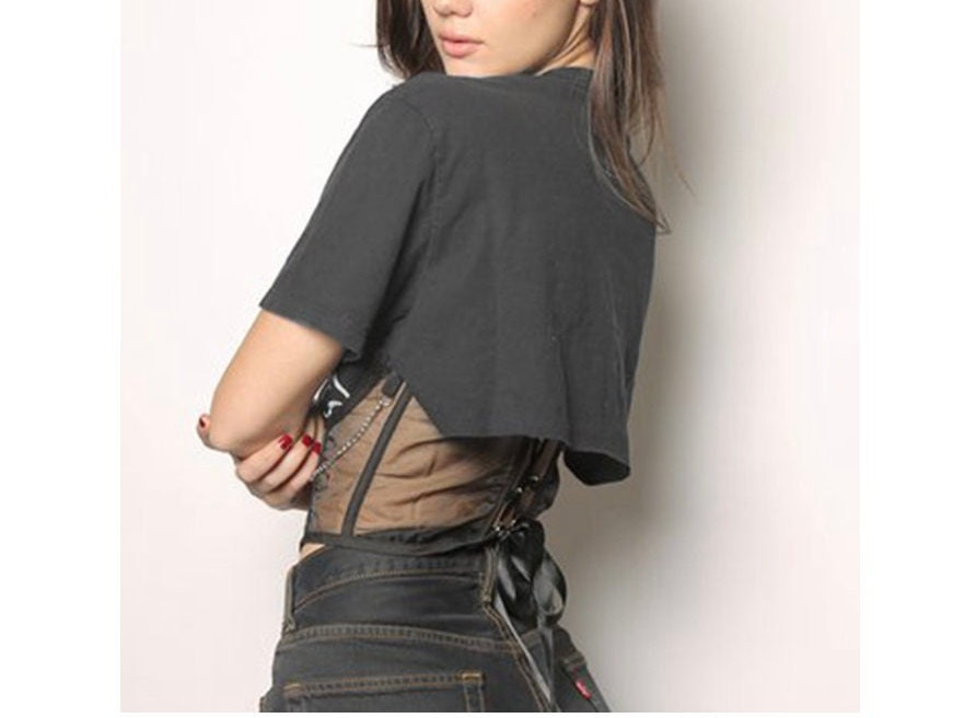 Gothic grey black white sexy emo Slim Patchwork Corset Cropped Chains Bandage O-Neck Short Sleeve Tees Women Summer Streetwear Fashion Lady # 161