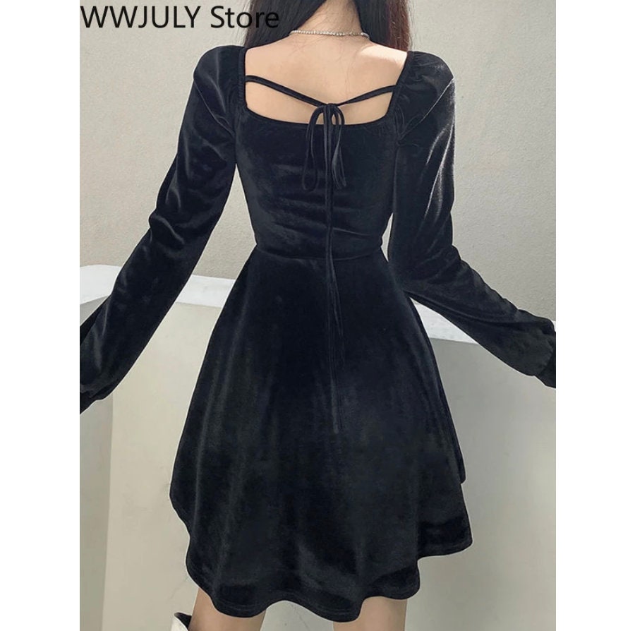 Goth gothic emo little black dress soft silk Velvet Slim Dress Woman Vintage Fashion Mini Dress Elegant Long Sleeve Short Party Dress Female # 145