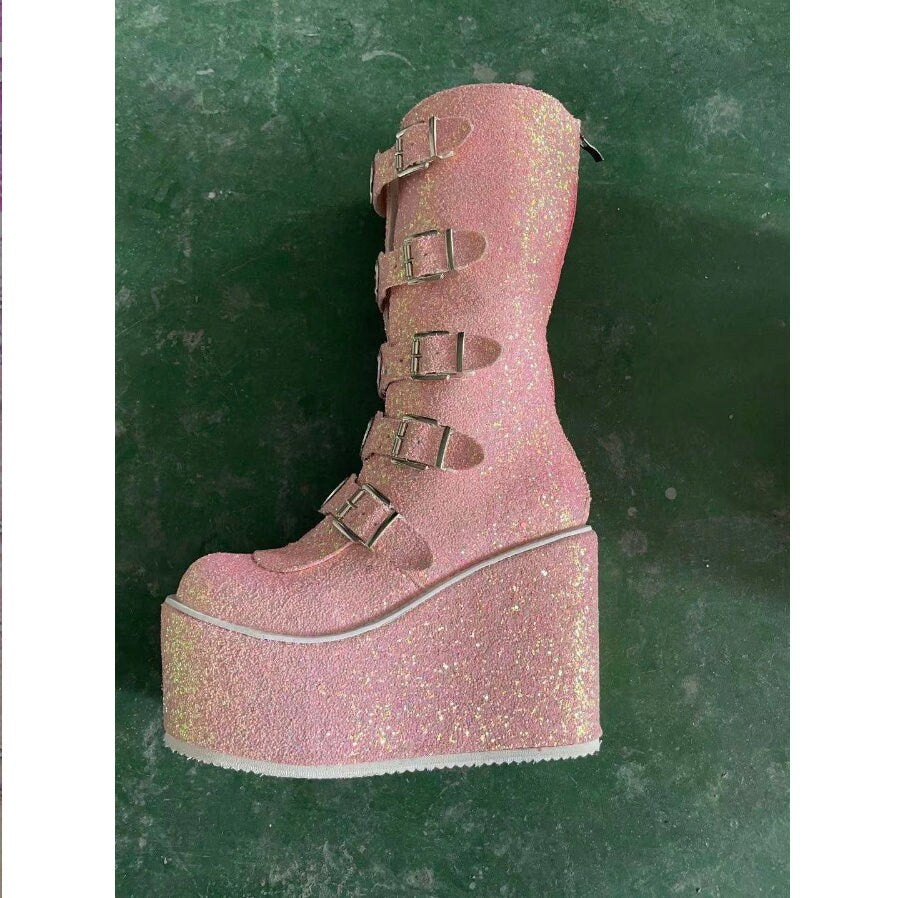 Glitter pink platform boots goth bimbo alt shiny platform boots Gothic Style Cool Punk Boots Platform Wedges High Heels Calf Boots Shoes # 38