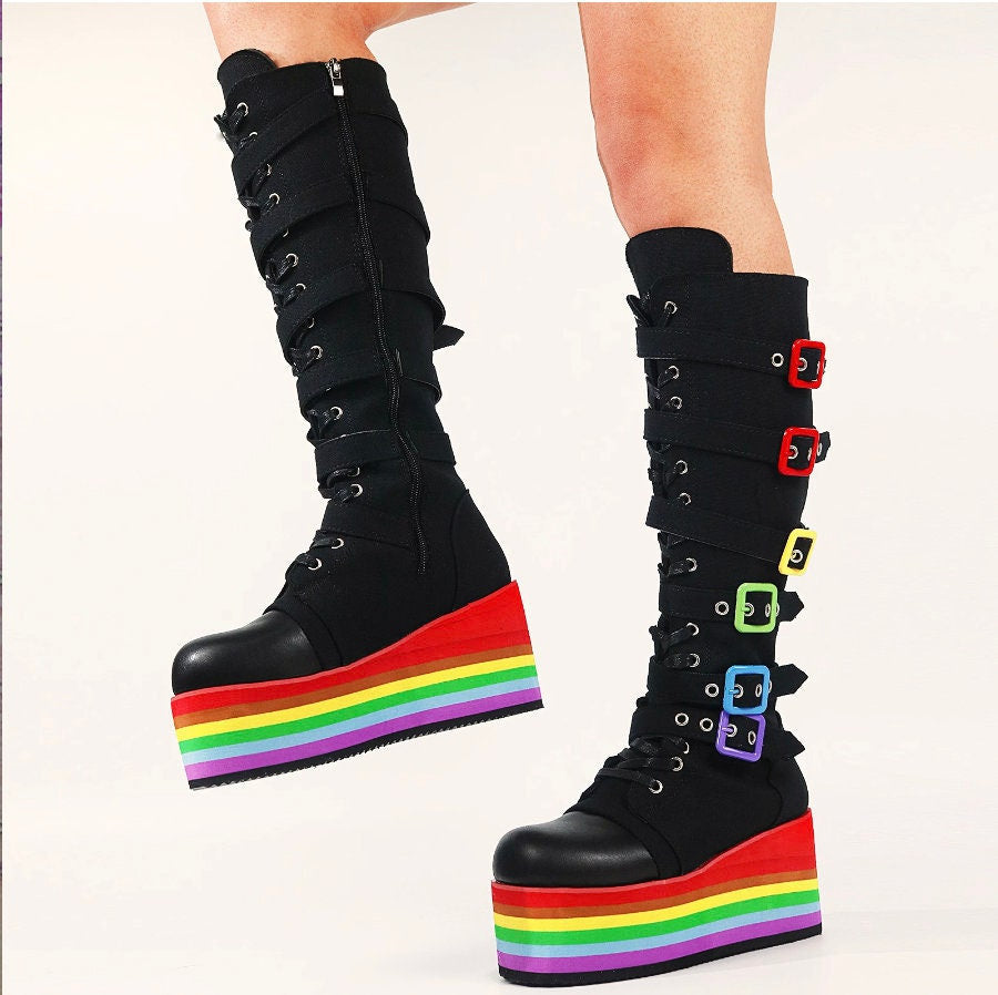 Gay lqbtq+ gothic emo goth emo goth alt boots Gothic Rainbow Platform Buckles Zipper Colorful Great Quality Motorcycle Boots Woman Shoes # 18