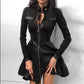 Goth bimbo gothic emo bimbofication cute Zipper Leather Dress Women Sexy Lace Mesh Sleeve Party Dress Elegant Stand Neck Button Mini Dresses # 80