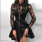 Goth bimbo gothic emo bimbofication cute Zipper Leather Dress Women Sexy Lace Mesh Sleeve Party Dress Elegant Stand Neck Button Mini Dresses # 80