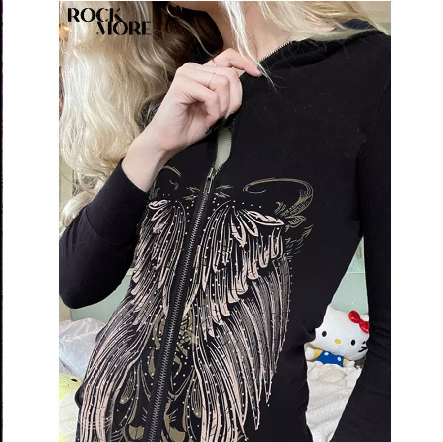 Goth bimbo punk Rockmore Goth Graphic Print Hooded Dress Dark Academic Black Zip Up Long Sleeve Bodycon Women Mini Dresses Grunge punk emo # 83