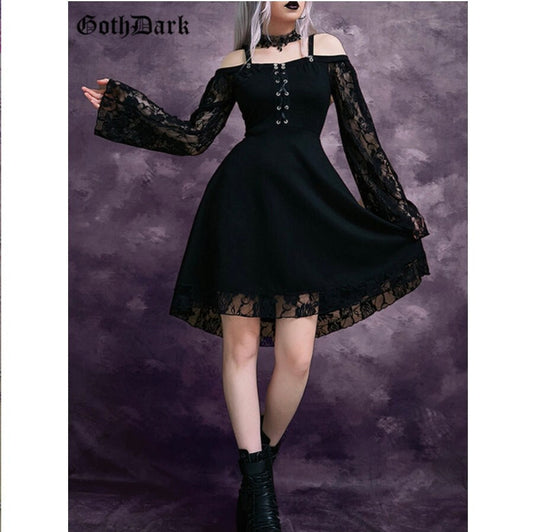 Plus size gothic emo punk dark goth bimbo Dark Gothic Aesthetic Vintage Women Dresses Grunge Lace Flare Sleeve Black Dress Punk Partywear # 45
