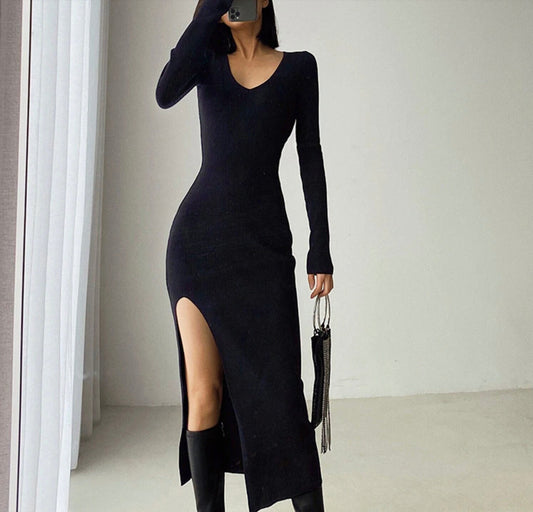 Goth bimbo alt dress goth dress spring and winter sexy French slit sweater dress female slim tight-fitting hip-knit over-the-knee dresses  # 50