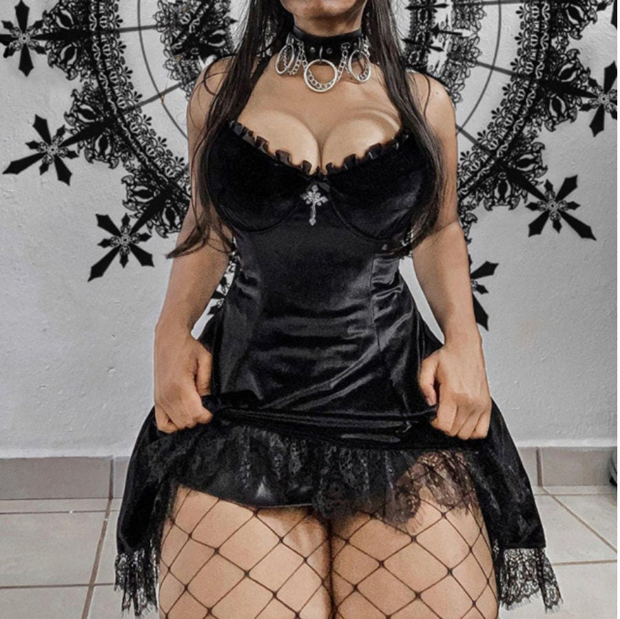 Alt dress goth dress goth clothing E-girl Grunge Gothic Black Mini Dress Lace High Waist Bodycon Y2K Women 90s Vintage Punk Lolita Clothes # 140
