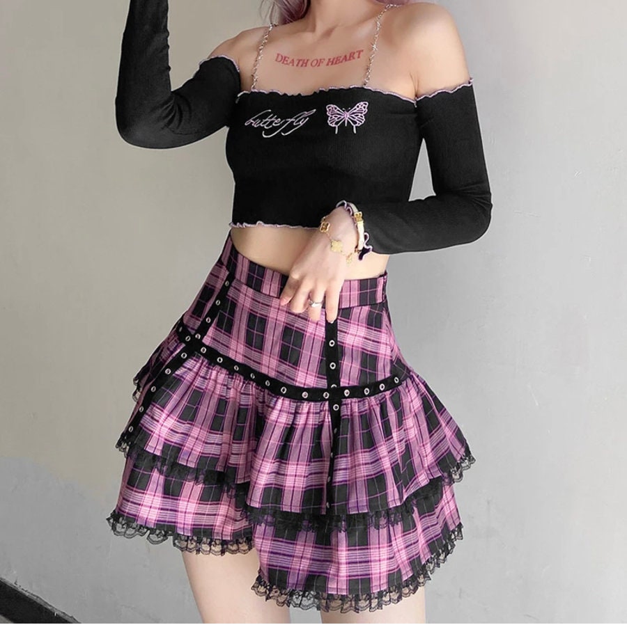 Goth bimbo goth clothing goth dress alt dress Lolita Cake Mini Skirts Gothic sexy Harajuku Girls Purple Pink Plaid Pleated Skirt Punk Lace # 209