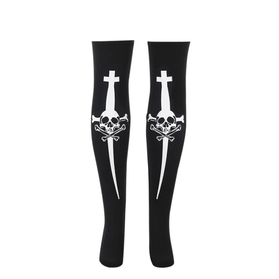 Goth bimbo Harajuku Black Skull Print Long Socks for Women Girls Goth Sexy Over Knee Thigh High Socks Stockings Halloween Cosplay Socks cute # 41