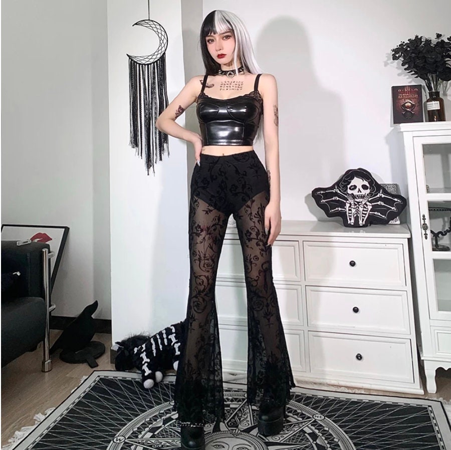 Goth clothing alt rave mall Goth Goth Aesthetic Black Flared Pants Harajuku see Through sexy Trousers Punk Grunge High Waist Summer Pants # 186