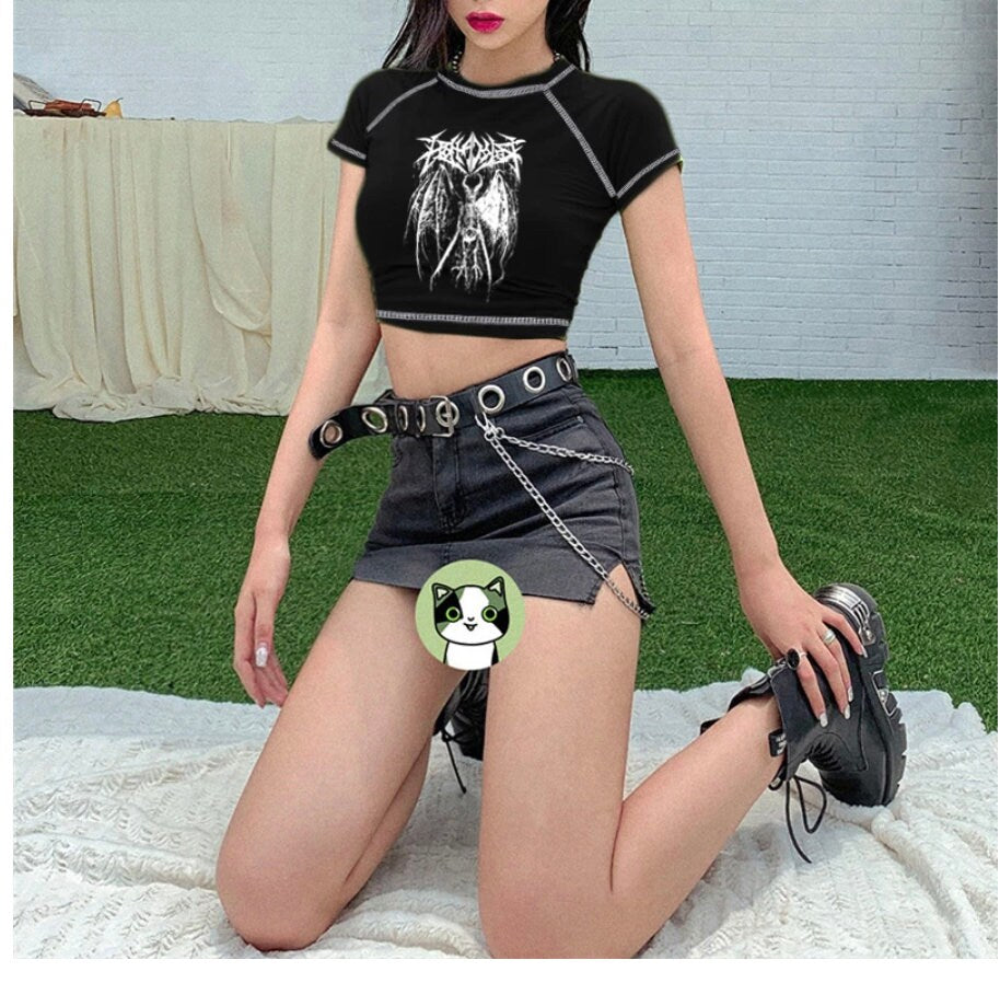 Goth clothing alt Women's T-shirt Harajuku Y2K crop Top Harajuku Retro Korean Black Demon Punk Gothic Anime Print Clothes Slim anime sexy # 248