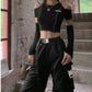 Goth bimbo goth skater egirl edgy alt Patchwork Black T-shirts Gothic One Shoulder Sleeve Y2k Crop Tops Ruffles Hem Hip Hop Women Tees # 252