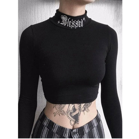 Goth bimbo sexy gothic dark Black Bodycon Long Sleeve Crop Tops Gothic Harajuku emo Embroidery Vintage Solid Tops Female Casual Basic Tops # 253