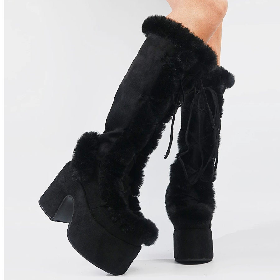 Goth bimbo bimbofacation fur russian bimbo platform boots alt fur Gothic Chunky Boots High Heel Chunky Heels Platform Warm Boots Shoes Women # 21