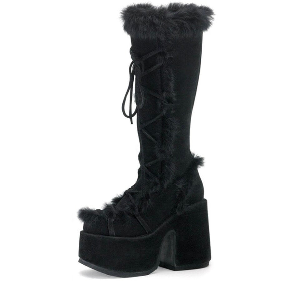 Goth bimbo bimbofacation fur russian bimbo platform boots alt fur Gothic Chunky Boots High Heel Chunky Heels Platform Warm Boots Shoes Women # 21