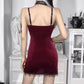 2022 Gothic Dark Cross Black Velvet Mini Dress Women Vintage Sexy Spaghetti Strap High Waist Slit Dresses Goth Party Club Dress # 140