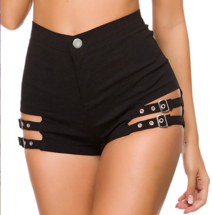 Goth bimbo Shorts Hight Waist Gothic Sexy Black Shorts Women Shorts Mujer Femme Shorts himbo strappy silver buckle Casual Streetwear Shorts # 174