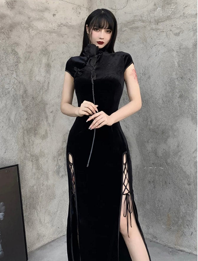 Goth Dark Romantic Gothic Velvet Aesthetic Dresses Vintage Women Black Bandage SlitHem Bodycon Dress Sexy Evening Wear Cheongsam # 66