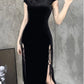 Goth Dark Romantic Gothic Velvet Aesthetic Dresses Vintage Women Black Bandage SlitHem Bodycon Dress Sexy Evening Wear Cheongsam # 66