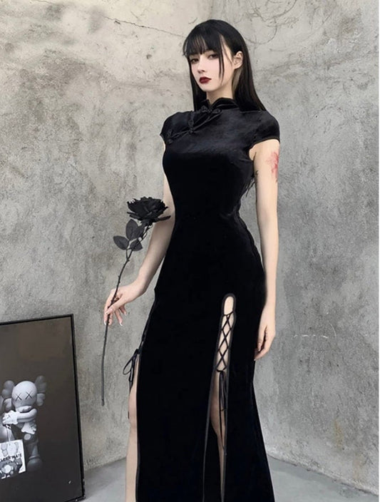 Goth Dark Romantic Gothic Velvet Aesthetic Dresses Vintage Women Black Bandage SlitHem Bodycon Dress Sexy Evening Wear Cheongsam # 66