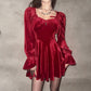 Sexy cute Vintage Red Velvet Mini Dress Elegant Lady Square Collar Lace Up Puff Sleeve Short Dress Women Gothic Grunge Emo Alt Clothes  # 64