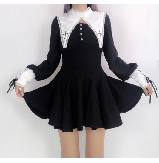 Autumn Women Lolita Black Long Sleeve Dress Gothic Harajuku Punk Sweet Dress Preppy Style Kawaii Fashion Temperament Mini Dress # 60