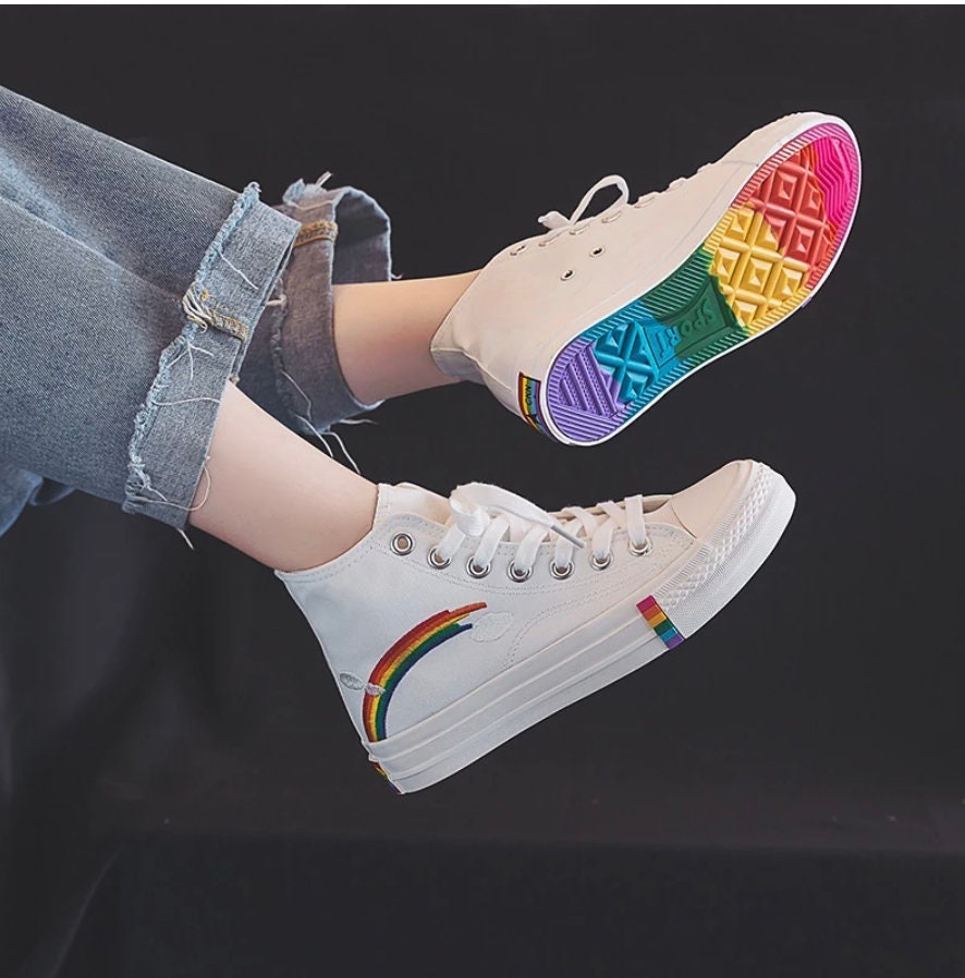 Women's Fashion 2021 Vulcanized Shoes Woman Sneakers New Rainbow Retro Canvas Shoes Flat Fashion Comfortable High Shoes Women # 44