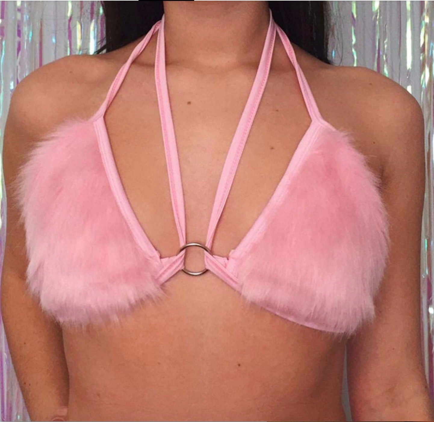 Goth emo rave Fluffy Faux Fur Pink Bra Crop Top Sexy Festival Rave Halter Top Women Party Club Summer Beach Backless Bandage Bralette Camis # 229