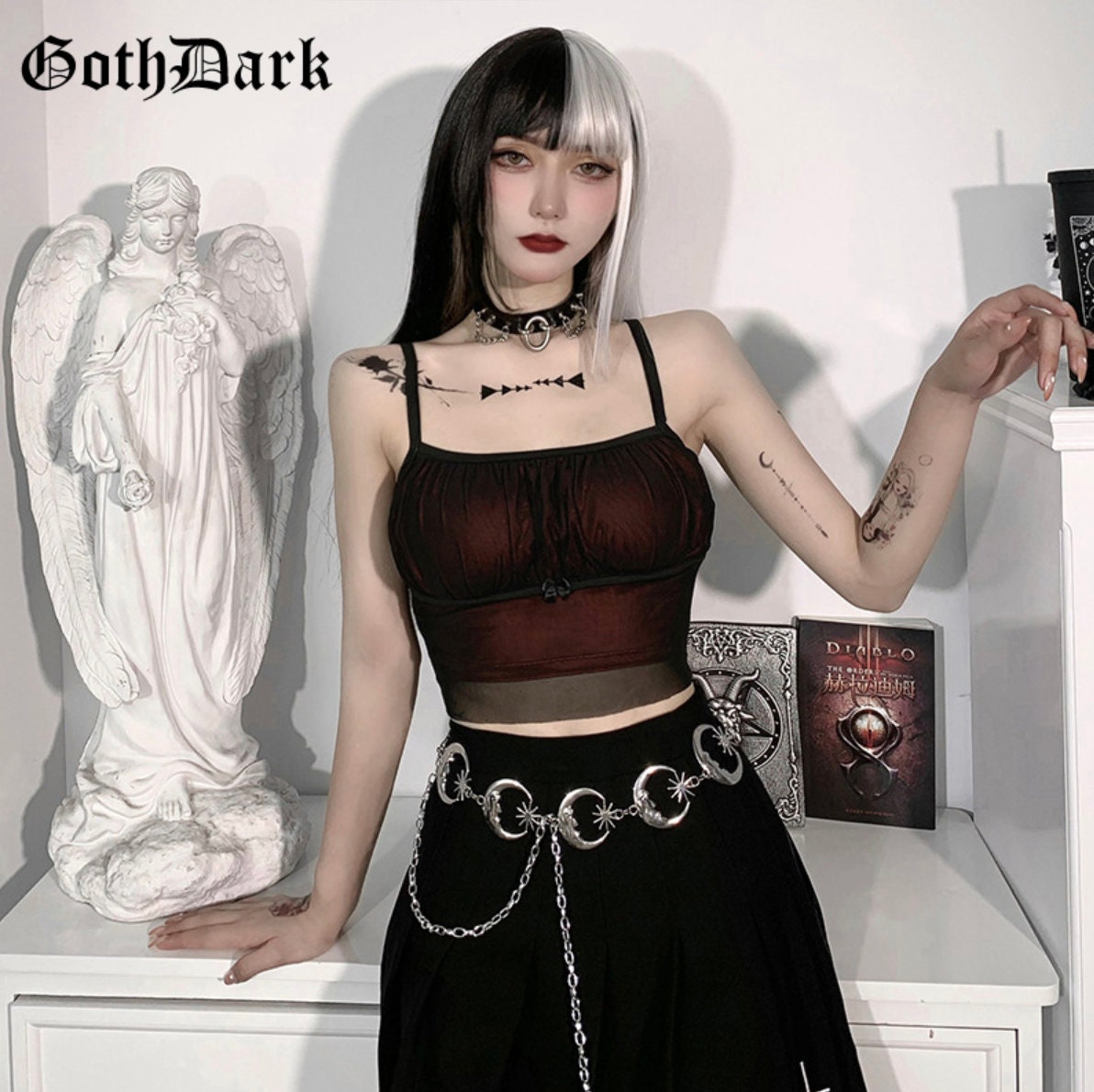 Goth gothgirl gothic clothing gothic top alt Goth Dark Punk Mesh E-girl Camis Harajuku Pastel Goth Grunge Crop Tops Women Ruched Cropped # 259