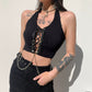 Gothic top goth bimbo emo Streetwear Goth Punk Style Dark Halter Top Women Lace Up Sexy Tank Backless Chain Vest Gothic Clothes Crop Tops # 332