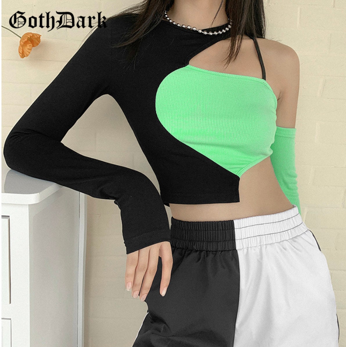 Gothic greeen balck Goth Dark Y2k Punk Patchwork E-girl Style T-shirts Gothic Color Hip Hop Hollow Out Backless Top Techwear Streetwear # 261